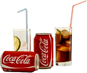 Coca cola cans and glasses with lines