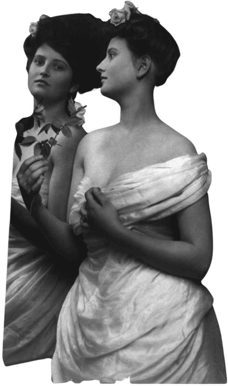 Young women modeling half lgth looking in mirror and holding rose