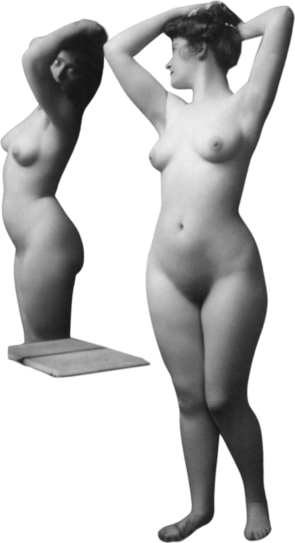 Young woman modeling full lgth nude looking in mirror