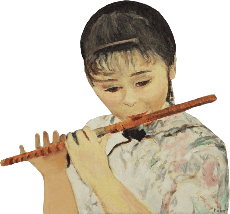 Playing The Flute Oil Painting on Flemish Canvas 54X64cm Illustration
