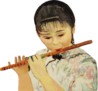 Playing The Flute Oil Painting on Flemish Canvas 54X64cm Illustration