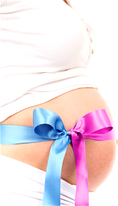 Purple and Blue Ribbon on Pregnant Woman Tummy