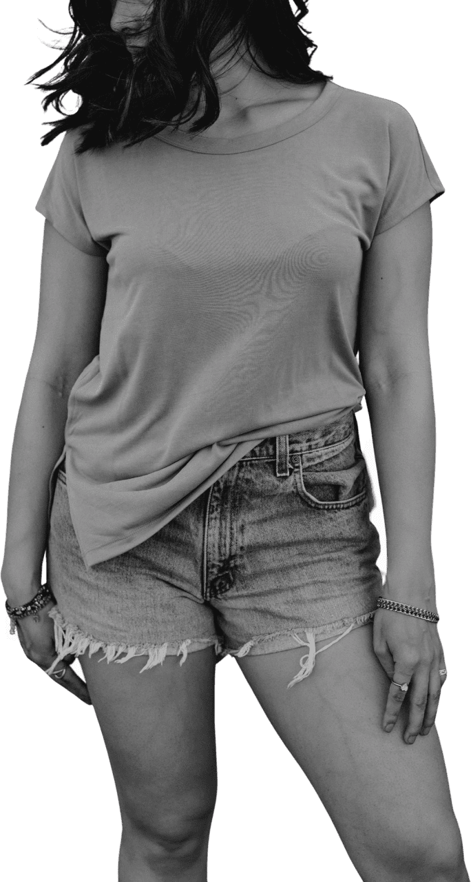 Grayscale Photography of Woman Wearing T Shirt and Denim Short Shorts