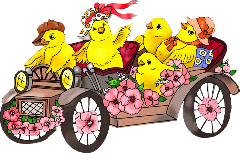 Easter chickens in the retro car are leaving the village card