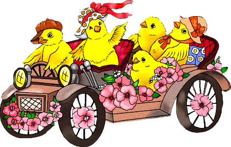 Easter chickens in the retro car are leaving the village card