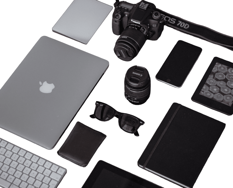 Photographer equipment presentation on the wooden table