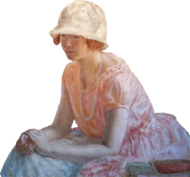Young girl before a mirror in a pink dress by frederick c frieseke 1923 oil on canvas