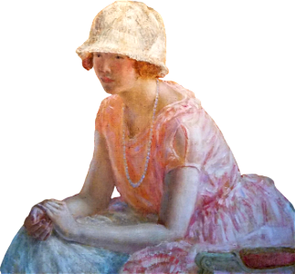Young girl before a mirror in a pink dress by frederick c frieseke 1923 oil on canvas