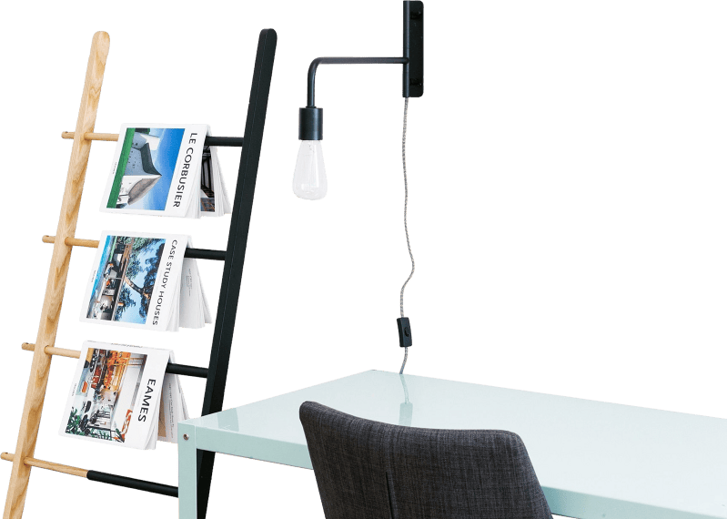 Room interior with lamp chair and table on white wall background