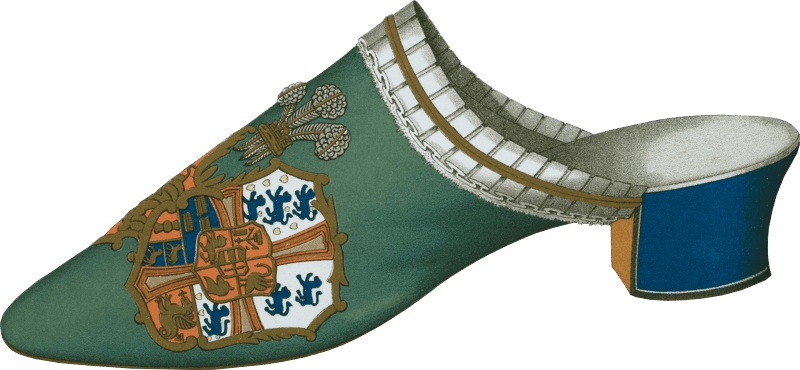 Mule or bedroom slipper in green velvet with coat of arms embroidered in silk and metallic threads made by Abrahams Westbourne Grove W