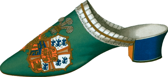 Mule or bedroom slipper in green velvet with coat of arms embroidered in silk and metallic threads made by Abrahams Westbourne Grove W