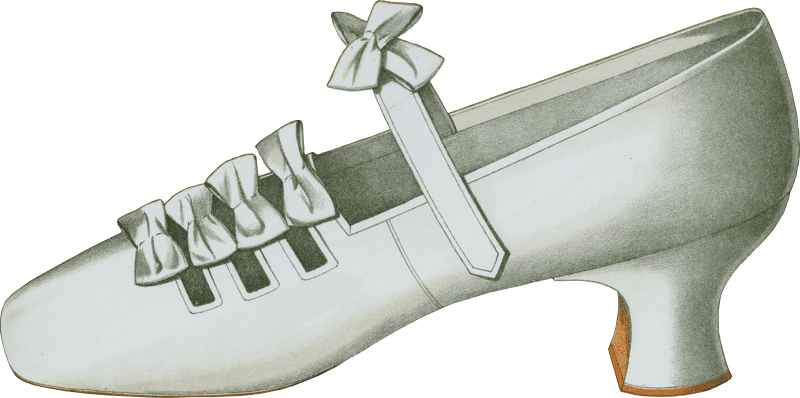 Shoe with straps and bows; tiny shoe with large bow; shoe possessing one of the highest Louis heels worn off the stage 1