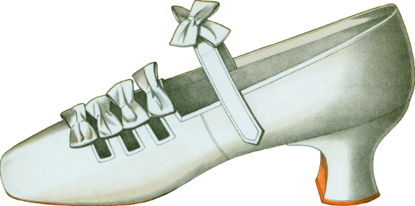 Shoe with straps and bows; tiny shoe with large bow; shoe possessing one of the highest Louis heels worn off the stage 1