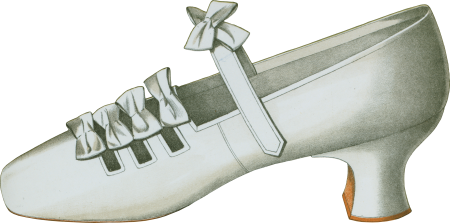 Shoe with straps and bows; tiny shoe with large bow; shoe possessing one of the highest Louis heels worn off the stage 1