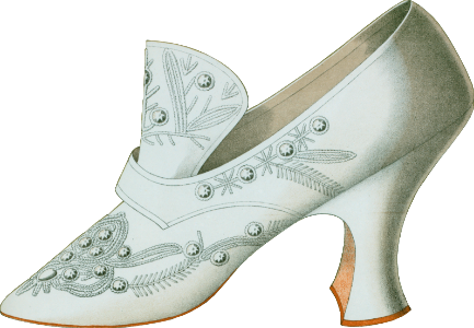 Shoe of Cromwellian shape embroidered with small crystal beads; dainty white shoe; wedding shoe dating from nearly forty years ago 1