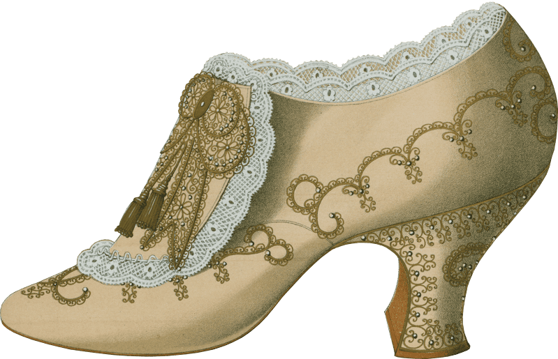 Imperial shoe with lace gold embroidery beadwork and knot of gold lace and tassels; Algiers slipper with covering of patterned gold; evening Oxford shoe 1
