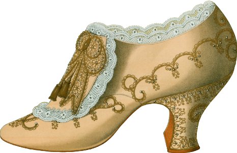 Imperial shoe with lace gold embroidery beadwork and knot of gold lace and tassels; Algiers slipper with covering of patterned gold; evening Oxford shoe 1