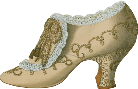 Imperial shoe with lace gold embroidery beadwork and knot of gold lace and tassels; Algiers slipper with covering of patterned gold; evening Oxford shoe 1