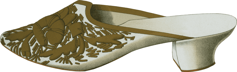 Imperial shoe with lace gold embroidery beadwork and knot of gold lace and tassels; Algiers slipper with covering of patterned gold; evening Oxford shoe 2