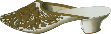 Imperial shoe with lace gold embroidery beadwork and knot of gold lace and tassels; Algiers slipper with covering of patterned gold; evening Oxford shoe 2