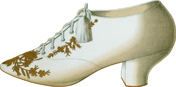 Imperial shoe with lace gold embroidery beadwork and knot of gold lace and tassels; Algiers slipper with covering of patterned gold; evening Oxford shoe 3