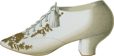 Imperial shoe with lace gold embroidery beadwork and knot of gold lace and tassels; Algiers slipper with covering of patterned gold; evening Oxford shoe 3