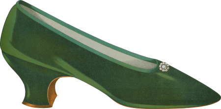 Velvet shoe; shoe with silk embroidery in chain stitch and French knots; shoe of watered silk with pink satin on the inside and a single button strap 1