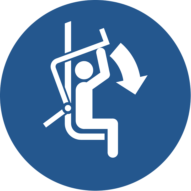 ISO 7010 M033 mandatory; lower safety restraining bar on ski chairlift