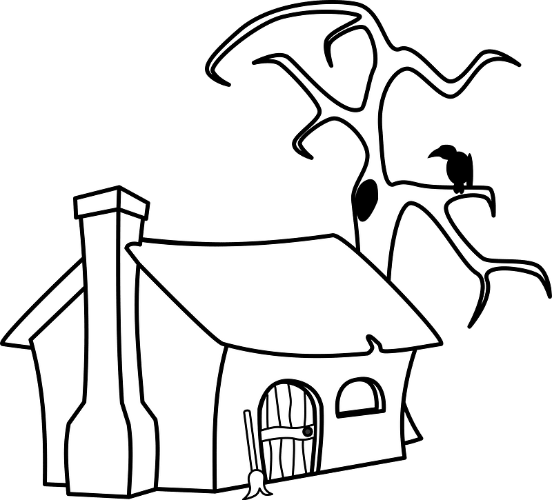 Witch's cottage in black and white