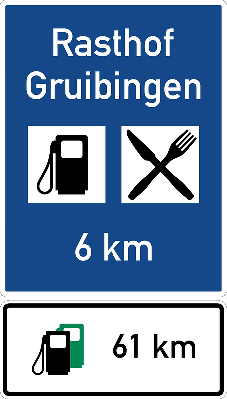Vorankündigung einer Autobahnraststätte in Kombination mit dem Hinweis auf eine bleifreie Tankstelle, 1988