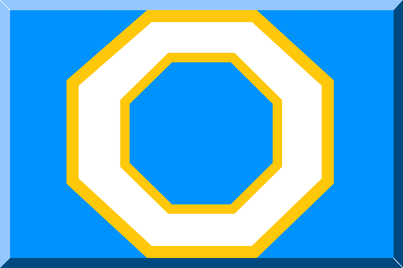 Three-dimensional blue flag with a white octagon with golden borders