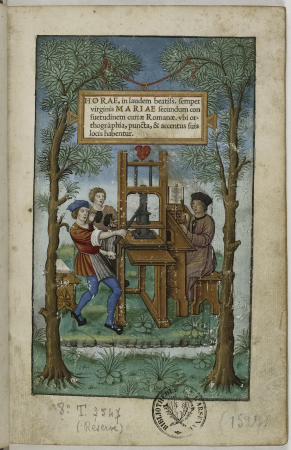 Frontispiece of the Horae in laudem beatissimae semper Virginis Mariae secundum consuetudinem curiae Romanae. Book of hours printed in Paris by Geoffroy Tory., Étienne Colaud, 16 January 1525