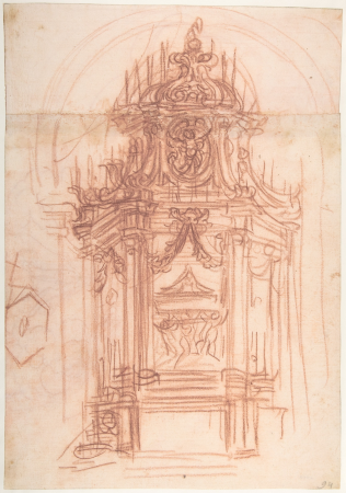 Design for a Catafalque (recto); Female Saint Kneeling on Clouds under an Arch, and a Design for the Pinnacle of the Catafalque (verso), Baldassare Franceschini, circa 1669