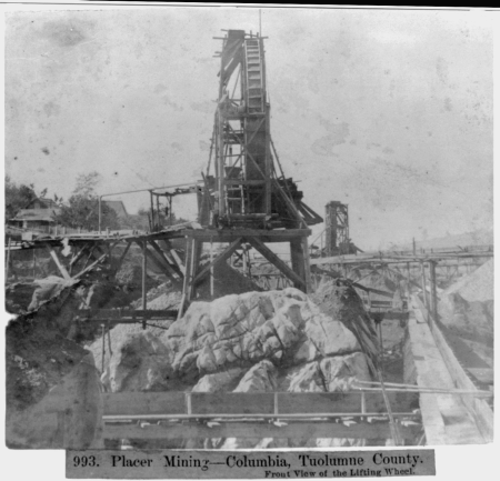 Placer Mining-Columbia, Tuolumne County - Front view of the lifting wheel. LCCN2002721696, 1866