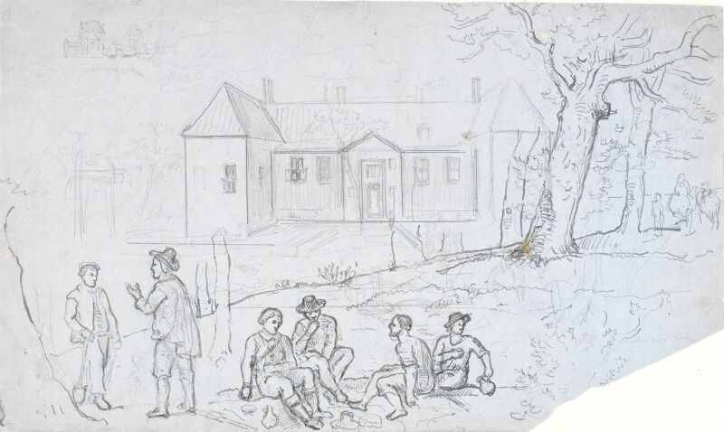 Landscape with a three-winged building in the background, in the foreground a number of figures in ancient costume, Dankvart Dreyer