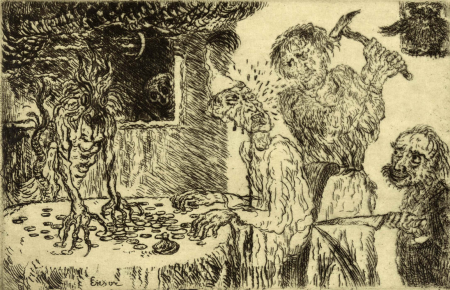 James Ensor, Seven Deadly Sins, Avarice (1904) etching, 9.8 x 15 cm., Royal Library of Belgium, Brussels