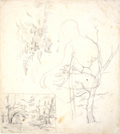 Study sheet with forest image, trees, plants and figure, Dankvart Dreyer