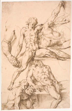 Sheet with studies: above two men wrestling and study of a right arm. Beneath: a reclining seated man, and two half-figure men slightly bent forward, Francis Cleyn