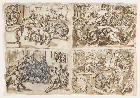 Recto Title: Page from a sketchbook showing four scenes: including Thessalians Fighting Bulls, upper left and Men Battling Alligators, upper right., Stradanus, 1587