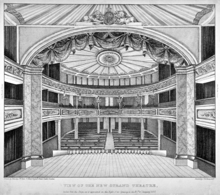 View of the new Strand Theatre, taken from the stage, as it appeared on the night of the opening on the 26th, January, 1832., Charles Joseph Hullmandel, January 1832
