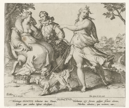 Reuk Olfactvs (titel op object) De vijf zintuigen (serietitel), RP-P-1981-5, Gerard de Jode, between 1590 and 1632