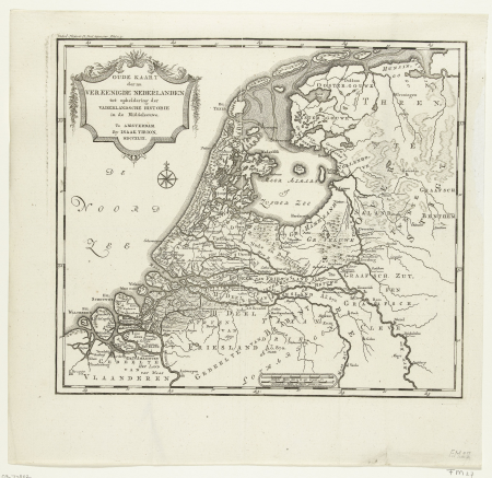 Historische kaart van Nederland tijdens de Middeleeuwen Oude kaart der nu Vereenigde Nederlanden tot opheldering der vaderlandsche historie in de Middeleeuwe (titel op object), RP-P-OB-77.802, Isaak Tirion, 1749