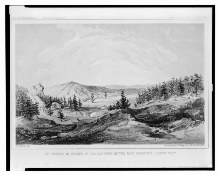 Hot springs at source of Lou Lou Fork, Bitter Root Mountains, looking west - Stanley, Del. ; Sarony, Major & Knapp, Liths. LCCN2004666303, 1855