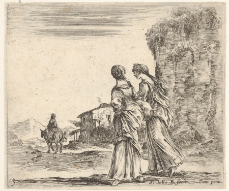 Plate 3: two girls walking towards the left, seen from behind, a woman on a horse to left in background, from 'Diversi capricci', Stefano della Bella, circa 1644–47