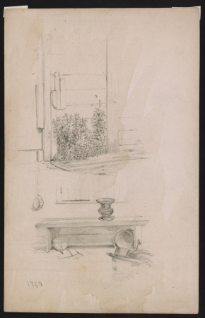 Study sketches of weeds growing at a door; urn on a bench with a pot and pail beneath, and cup hanging from a nail; a partial bust portrait of a woman wearing a hat LCCN2016645564, James Fuller Queen, 1850