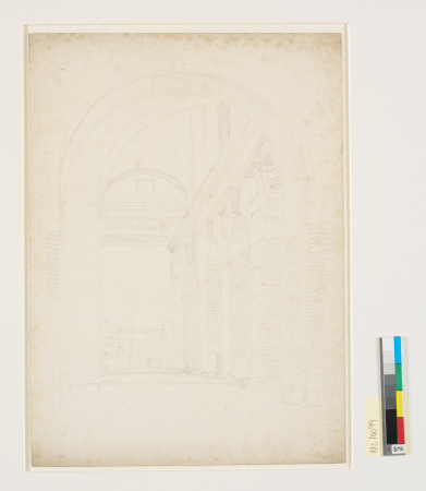 View along the western row of arcades of the Tempio di Claudio, formerly called Curia Hostilia, in the background the Torre delle Milizie and the Quirinale. Rome, Christoffer Wilhelm Eckersberg