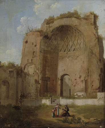 Roman ruin with a woman and child conversing with a monk, Giacomo van Lint