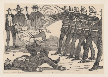 Firing squad executing someone while a priest holds a cross in the background, José Guadalupe Posada, circa 1880–1910