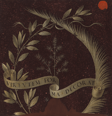 Wreath of Laurel, Palm, and Juniper with a Scroll inscribed Virtutem Forum Decorat [reverse], Leonardo da Vinci, c. 1474/1478