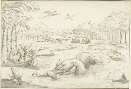 Tropisch landschap met een zeeslang die een man verslindt, RP-T-1903-A-4781, Caspar Luyken, between 1682 and 1708